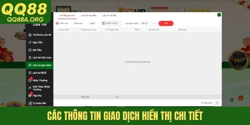Các thông tin giao dịch hiển thị chi tiết