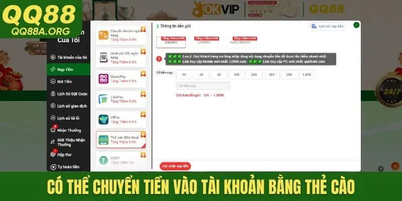 Có thể chuyển tiền vào tài khoản bằng thẻ cào
