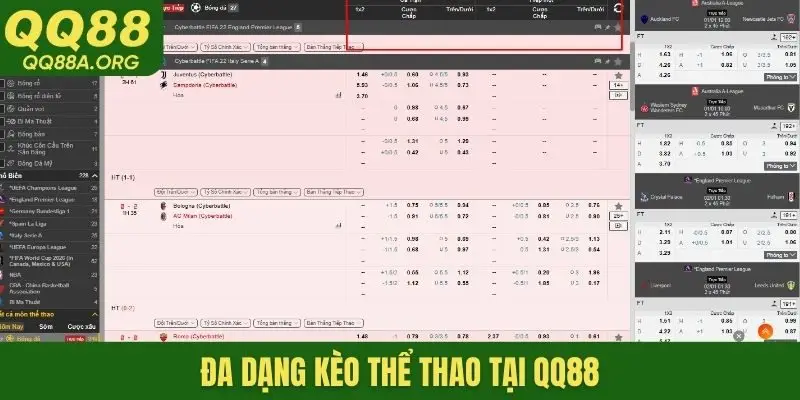 Đa dạng kèo thể thao tại QQ88