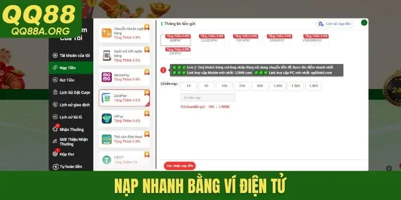 Nạp nhanh bằng ví điện tử