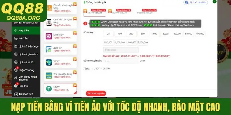 Nạp tiền bằng ví tiền ảo với tốc độ nhanh, bảo mật cao