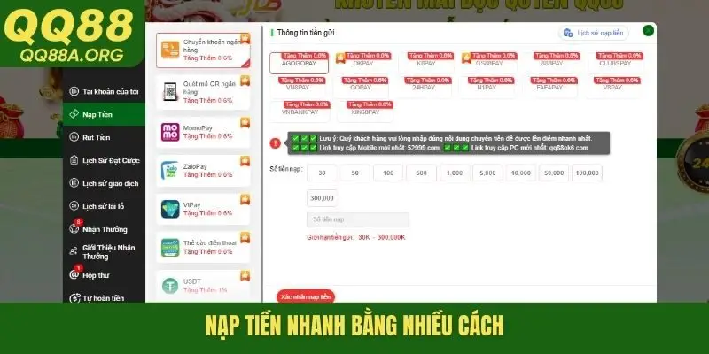 Nạp tiền nhanh bằng nhiều cách
