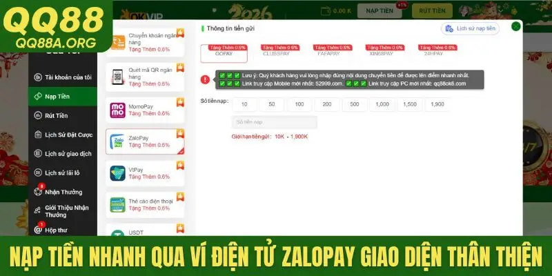 Nạp tiền nhanh qua ví điện tử ZaloPay giao diện thân thiện