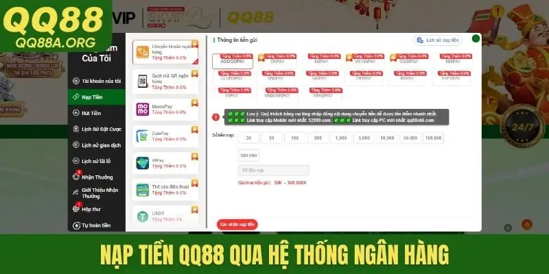 Nạp tiền QQ88 qua hệ thống ngân hàng