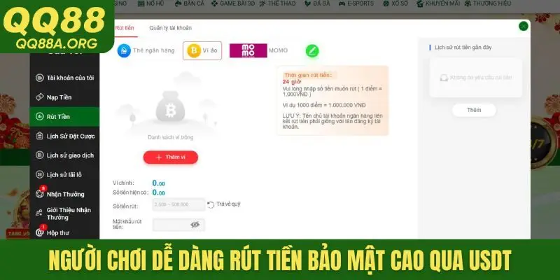 Người chơi dễ dàng rút tiền bảo mật cao qua USDT