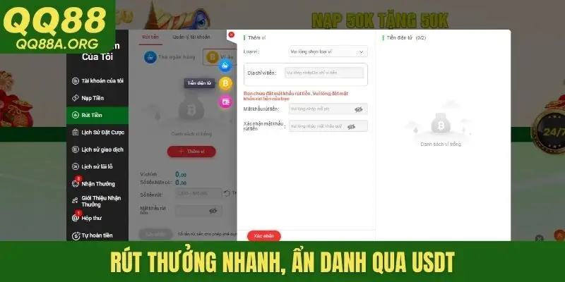 Rút thưởng nhanh, ẩn danh qua USDT